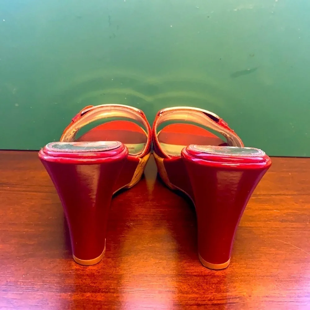 Women’s Marc Fisher Red Patent Leather with Silver Buckle Wedges Heels Size 6.5M